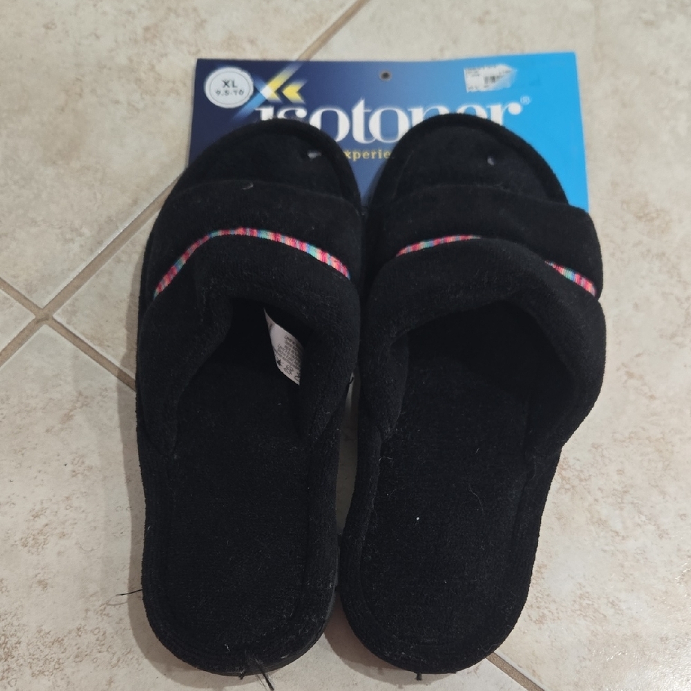 Isotoner Black Slippers with Vibrant Trim